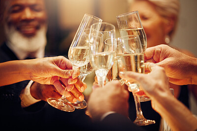 Buy stock photo Success, people and dinner with toast, champagne and elegant team, party and celebration together. Friends, closeup and cheers for achievement, wine glasses and fine dining at gala event and luxury 