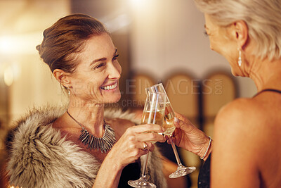 Buy stock photo Success, women or toast in a party for goals, winning or new year at luxury social event. Mature, celebration or happy senior friends cheers with champagne drinks or wine glasses at a fun dinner gala