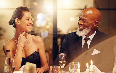 Buy stock photo Happy, funny black man or woman in a party celebration of goals or new year at luxury social event. Friends, congratulations or senior people laughing, bonding or talking at dinner gala on holiday