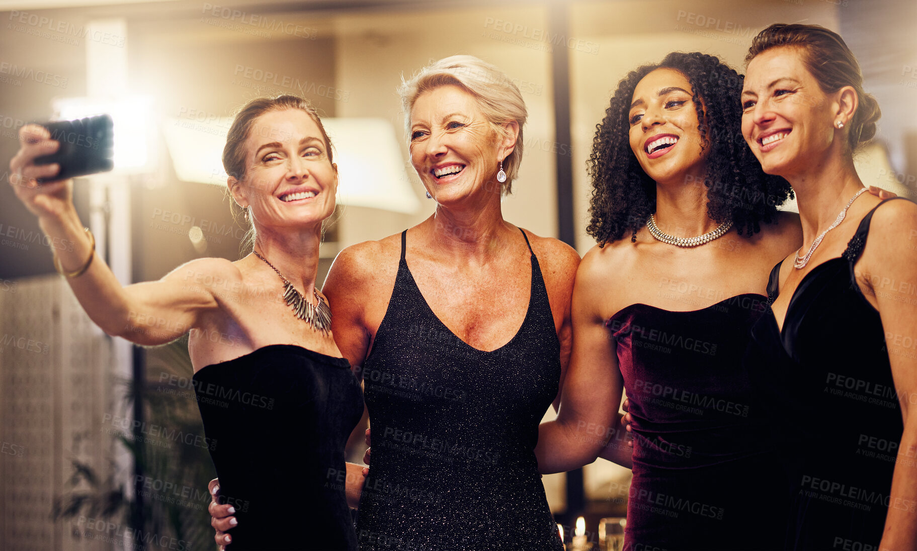 Buy stock photo Smile, selfie or senior women in a party in celebration of goals or new year at fancy luxury event. Friends, photography or happy people take pictures for social media at dinner gala or fun birthday