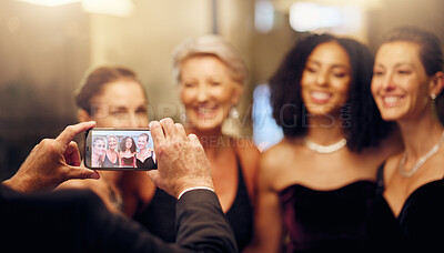 Buy stock photo Phone, photography or women in a party in celebration of goals or new year at fancy luxury event. Girlfriends, camera pov or happy people take pictures for social media at dinner gala or fun birthday