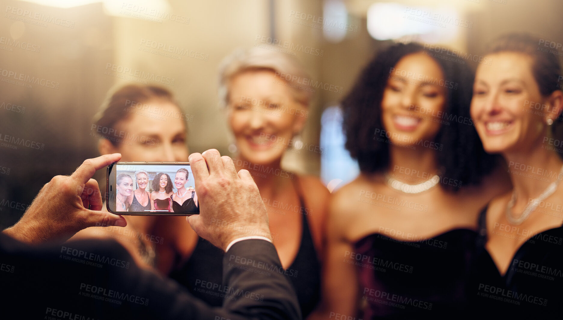 Buy stock photo Phone, photography or women in a party in celebration of goals or new year at fancy luxury event. Girlfriends, camera pov or happy people take pictures for social media at dinner gala or fun birthday