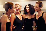 Happy, funny or friends hug in a party in celebration of goals or new year at a luxury womens social event. Smile, girls night or people speaking, talking or bonding at dinner gala laughing at gossip
