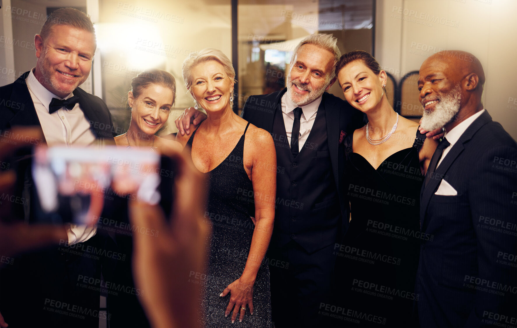 Buy stock photo Phone photography, success or friends in a party to celebrate goals or new year at fancy luxury event. Women, senior or happy people smile in pictures for social media at dinner gala or fun birthday