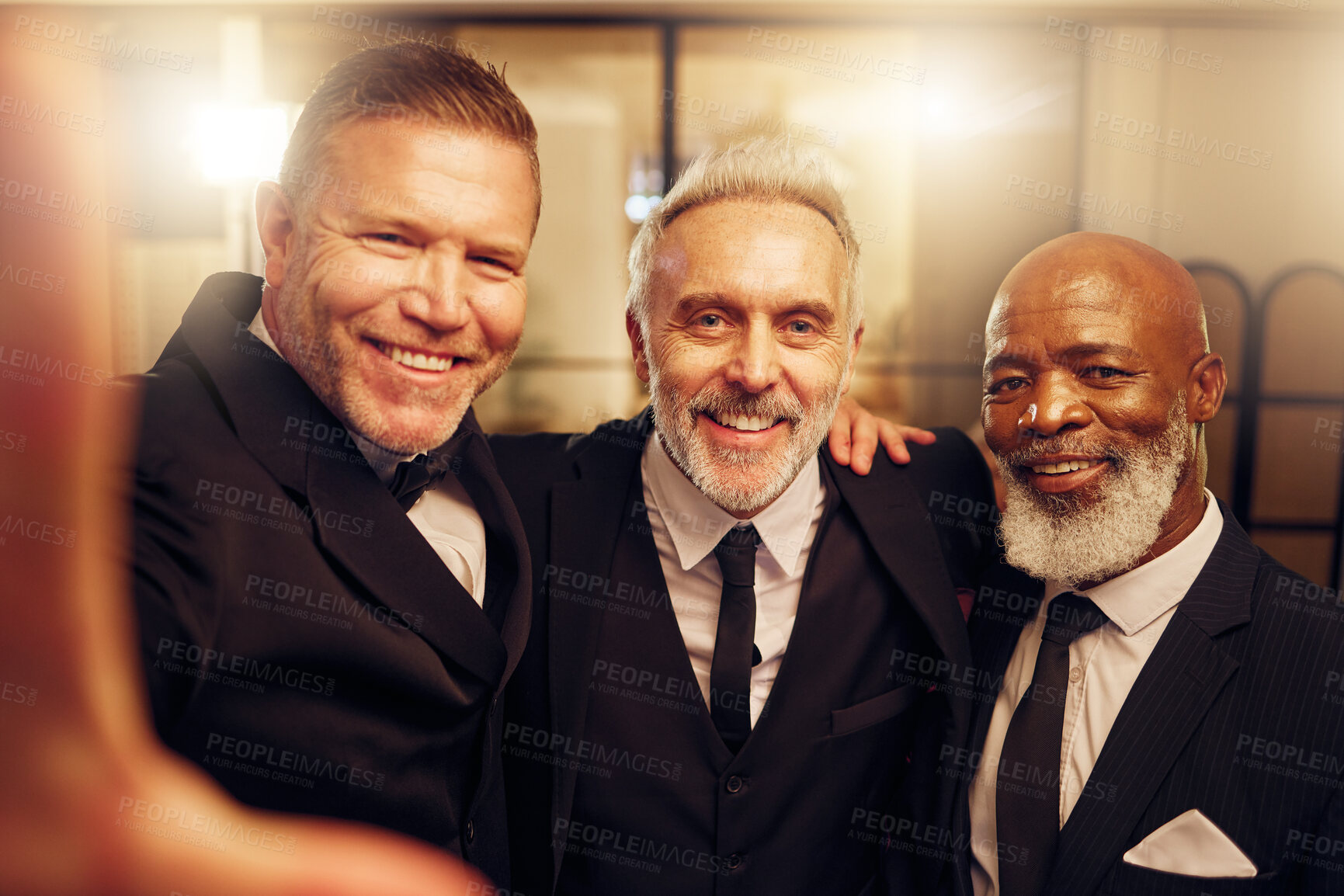 Buy stock photo Photography, selfie or senior men in a party to celebrate goals or new year at luxury social event. Group, screen or friends smile in pictures for social media at fun dinner gala or happy birthday 