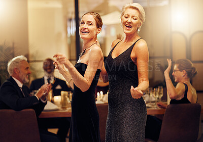 Buy stock photo Dance, singing and portrait of women at an event for new years, birthday celebration or party. Smile, happy and mature, elegant and classy friends at a social gala for dancing and to sing at a venue