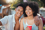 Selfie, party and drinking with a black couple outdoor together at a celebration event in summer. Happy, smile and love with a young man and woman enjoying alcohol at a birthday or social gathering