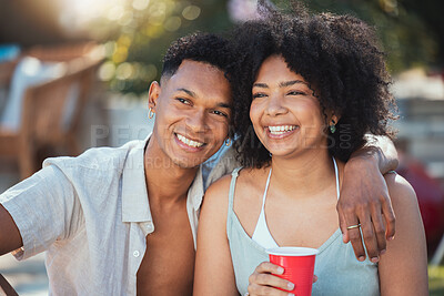 Buy stock photo Selfie, party and drinking with a black couple outdoor together at a celebration event in summer. Happy, smile and love with a young man and woman enjoying alcohol at a birthday or social gathering