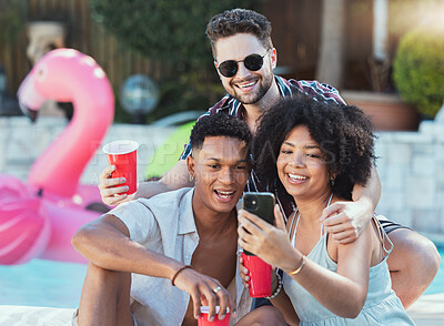 Buy stock photo Selfie, party and fun with friends outdoor in summer taking a picture together for social media. Photograph, birthday and diversity with a young man and woman friend group posing for a self portrait