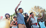 Drinks, party and a crowd of friends outdoor to celebrate at  festival, concert or summer social event. Diversity young men and women people together while dancing, happy and excited with alcohol