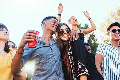 Buy stock photo Outdoor party, drinks and a couple of friends celebrate at  festival, concert or summer social event. Diversity young men and women people together while dancing, happy and drinking alcohol in crowd