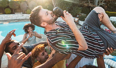 Buy stock photo Microphone, singing and crowd surfing with a man performer at a party outdoor during summer. Concert, energy and audience with a male singer being carried by a group of people at a performance event