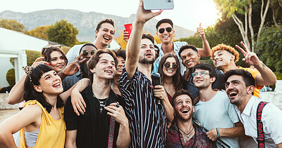 Buy stock photo party, selfie and group of people or friends on social media, summer and gen z lifestyle at outdoor celebration. Young women, youth or influencer with mic for karaoke profile picture on crazy holiday