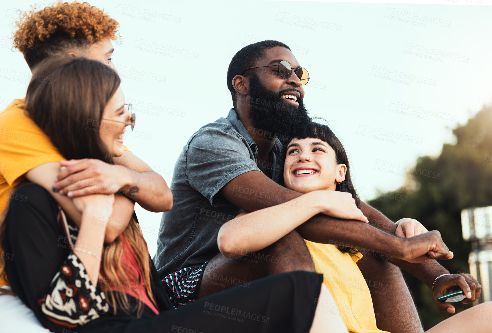 Buy stock photo Couple, friends and hug with smile for summer vacation, travel or holiday break together in the outdoors. Diverse group of happy people relaxing, chilling or enjoying weekend getaway in nature