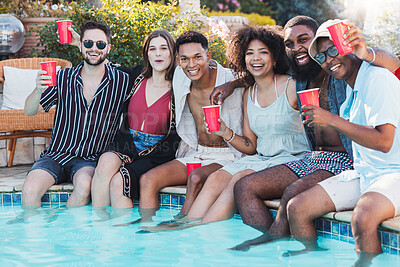 Buy stock photo Pool party, beer and friends laughing, having fun and partying. Summer celebration, event and group portrait of people, men and women with alcohol, dip feet in water and laugh at funny joke or meme.