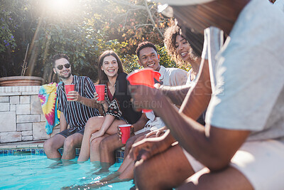 Buy stock photo Vacation, drinks and friends speaking in a pool at a summer party, celebration or event at a home. Diversity, happy and people talking, having fun and bonding by the swimming pool while drinking.