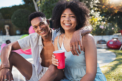 Buy stock photo Portrait, party and summer with a black couple having fun outdoor while drinking at a celebration event. Love, alcohol and birthday with a young man and woman outside together at a social gathering