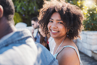 Buy stock photo Happy, smile and portrait of a black woman at a party to relax with friends on a holiday in Miami. Summer, young and face of an African girl on vacation with a group of people for travel together