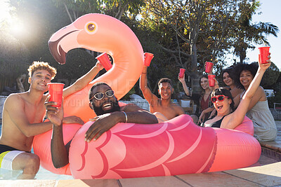 Buy stock photo Beer, pool party and friends on flamingo, having fun and partying on new year. Summer celebration, water event or group portrait of drunk funny people laughing with alcohol, swimming or float on bird