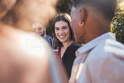 Buy stock photo Smile, laughing and portrait of a woman at a party in summer with friends, drinks and holiday energy. Relax, happy and girl on a vacation with a group of people at a lodge enjoying the weekend