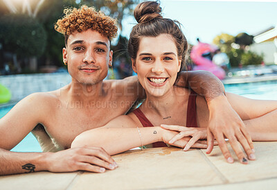 Buy stock photo Party, swimming and portrait with a couple of friends in the pool outdoor together during summer. Love, water and diversity with a young man and woman swimmer enjoying a birthday or celebration event