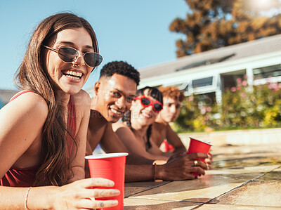 Buy stock photo Happy friends, smile and relaxing in swimming pool for summer vacation, party or holiday break in the outdoors. Portrait of diverse people smiling in happiness for fun sunny day in the water together