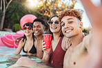 Pool party, beer and friends selfie, having fun and taking pictures. Summer celebration, water swimming or group portrait of people with alcohol taking photo for happy memory or social media at event
