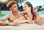 Party, swimming and diversity with a couple of friends in the pool outdoor together during summer. Love, water and swim with a young man and woman swimmer enjoying a birthday or celebration event