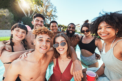 Buy stock photo Selfie, fun and portrait of friends at a pool party for summer, holiday and happy swimming in Thailand. Relax, smile and group of people in the water with a photo memory on a tropical vacation 