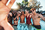Selfie, peace sign and friends at pool party having fun  partying on new year. Swimming celebration, water event and group portrait of people with hand gesture, laughing and taking social media photo