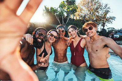 Buy stock photo Selfie, peace sign and friends at pool party having fun  partying on new year. Swimming celebration, water event and group portrait of people with hand gesture, laughing and taking social media photo