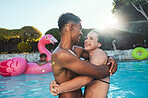 Pool party, love and couple hug, having fun and bonding together. Swimming, romance diversity and man and woman hugging, cuddle or laugh at funny joke in water at summer event or new year celebration