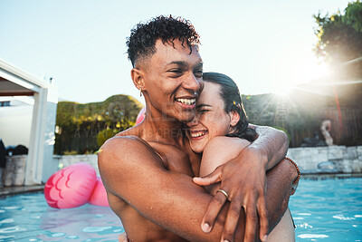 Buy stock photo Love, pool party and couple hug, having fun and bonding together. Swimming, romance diversity and happy man and woman hugging, cuddle or laugh at funny joke in water at summer event or celebration.