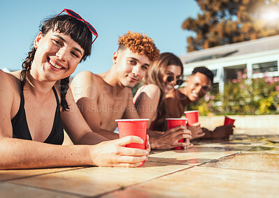 Buy stock photo Friends, smile and relax in swimming pool for summer vacation, party or holiday break in the outdoors. Portrait of happy diverse people smiling in happiness for fun sunny day in the water together