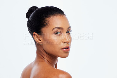Buy stock photo Woman, beauty and skincare for face portrait in studio for dermatology, cosmetics and natural skin. Aesthetic model person with luxury spa facial and healthy glow isolated on a white background