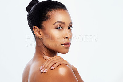Buy stock photo Body wellness, skincare and portrait of black woman for beauty, healthy skin and dermatology in studio. Self care, spa aesthetic and face of girl with cosmetics, makeup and facial on white background