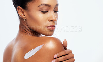 Buy stock photo Skincare, beauty and back of a woman with cream for a body glow isolated on a white background. Collagen, cosmetics and spa model with sunscreen, lotion or dermatology creme on a studio backdrop