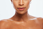 Skincare, glow and shoulders of a woman with beauty isolated on a white background in a studio. Dermatology, wellness and face, body and skin of a cosmetics model glowing with a tan on a backdrop