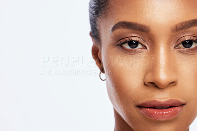 Buy stock photo Portrait, black woman and skincare mockup in studio, white background and isolated space. Serious female model face, facial beauty and cosmetics for dermatology, aesthetic makeup and salon wellness 
