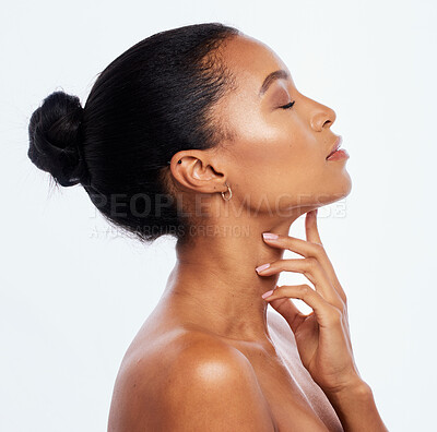 Buy stock photo Skincare, makeup and woman with a spa glow isolated on a white background in a studio. Wellness, makeup and cosmetics model with luxury, relax and promotion of salon dermatology on a backdrop