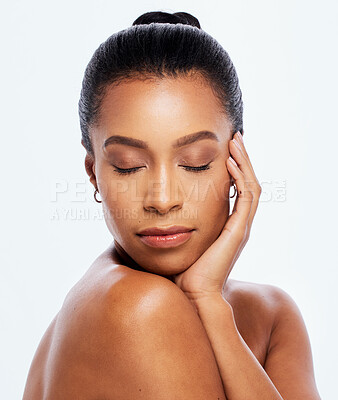 Buy stock photo Skincare, peace and woman with a beauty glow isolated on a white background in a studio. Wellness, makeup and cosmetics model with luxury, relax and promotion of salon dermatology on a backdrop