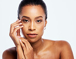 Black woman, skincare and beauty portrait in studio for dermatology, cosmetics and natural skin. Aesthetic model person with hands for spa facial and healthy glow isolated on a white background