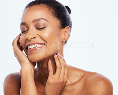 Buy stock photo Beauty, skincare and face of a happy woman in studio for dermatology, cosmetics and natural soft skin. Aesthetic model person with luxury spa facial and healthy glow isolated on a white background