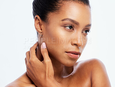 Buy stock photo Black woman, beauty and skincare for face in studio with dermatology, cosmetics and natural makeup. Aesthetic model person with luxury spa facial and healthy glow on skin isolated on white background