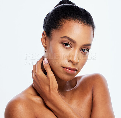 Buy stock photo Beauty portrait, skin care and face of woman in studio for dermatology, cosmetics and natural makeup. Aesthetic model with hand on body for spa facial and healthy glow isolated on a white background