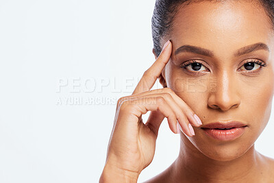 Buy stock photo Black woman, portrait and beauty mockup in studio, white background and isolated space. Serious female model face, facial skincare and cosmetics for dermatology, natural makeup and wellness in Brazil