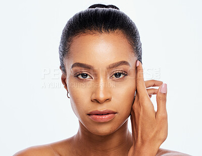 Buy stock photo Beauty, face and skincare for black woman portrait in studio for dermatology, cosmetic and natural skin. Natural aesthetic model with spa facial and healthy makeup glow isolated on a white background