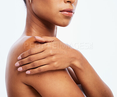 Buy stock photo Woman, hands and shoulder in skincare cosmetics or beauty moisturizer isolated on a white background. Hand of female touching skin and body in self love or care for soft, smooth or healthy treatment
