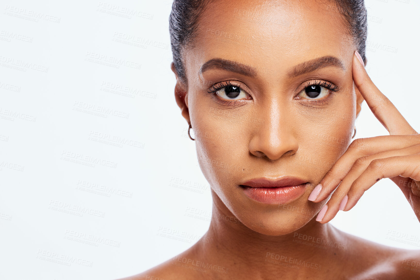 Buy stock photo Black woman, face portrait and beauty in studio, isolated white background and mockup. Serious female model, facial skincare and aesthetic makeup for dermatology, natural cosmetics and salon wellness