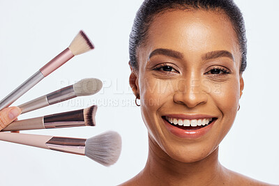 Buy stock photo Beauty, makeup brush and face for woman portrait in studio for dermatology, cosmetic and natural glow. Happy aesthetic model person with facial tools for a healthy skin isolated on a white background